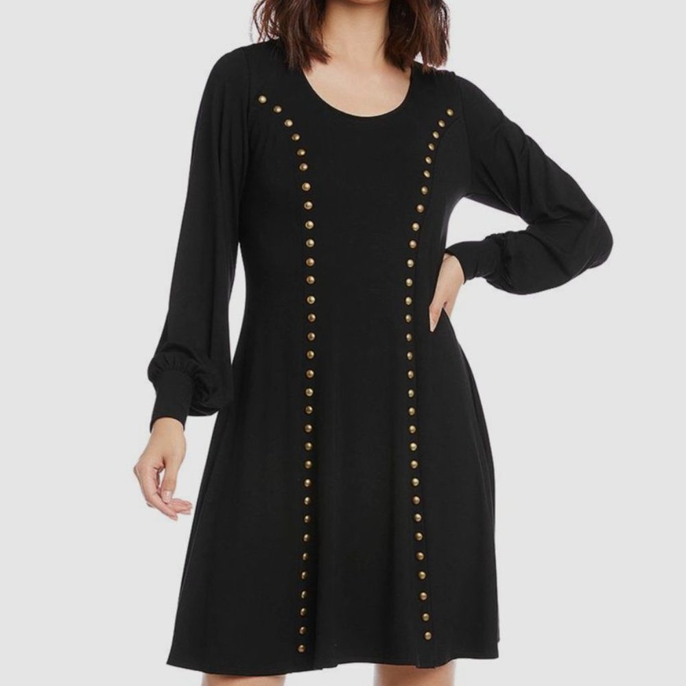 Karen Kane Studded Jersey Knit Dress Women's M Black Scoop Neck Long Sleeve